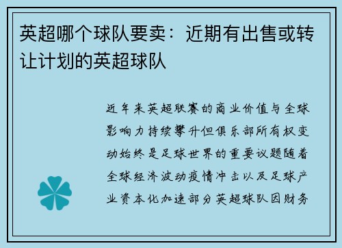 英超哪个球队要卖：近期有出售或转让计划的英超球队